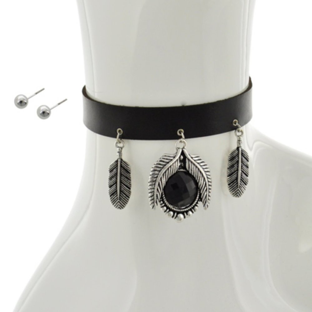 SILVER TONE & BLACK LEATHERETTE CHARM CHOKER SET